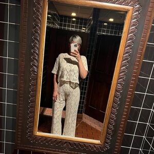 Crochet Two-Piece Wide-Leg  Set in Cream